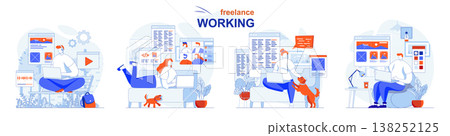 Freelance working concept set. Remote employees complete tasks, do project work. People isolated scenes in flat design. Vector illustration for blogging, website, mobile app, promotional materials. 138252125