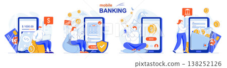 Online banking concept set. App for financial transactions, payment, savings. People isolated scenes in flat design. Vector illustration for blogging, website, mobile app, promotional materials. 138252126