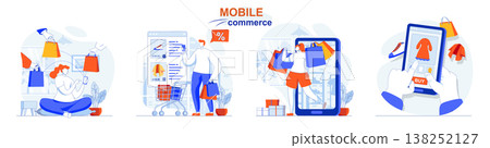 Mobile commerce concept set. Buyers make purchases in app, smart online shopping. People isolated scenes in flat design. Vector illustration for blogging, website, mobile app, promotional materials. 138252127