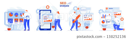 Seo analysis concept set. Analysis of search query data, business statistics. People isolated scenes in flat design. Vector illustration for blogging, website, mobile app, promotional materials. Seo analysis concept set. Analysis of search query data, business statistics. People isolated scenes in flat design. Vector illustration for blogging, website, mobile app, promotional materials. 138252136