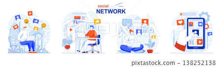 Social network concept set. Users browsing feeds, post photos, like, comment. People isolated scenes in flat design. Vector illustration for blogging, website, mobile app, promotional materials. Social network concept set. Users browsing feeds, post photos, like, comment. People isolated scenes in flat design. Vector illustration for blogging, website, mobile app, promotional materials. 138252138