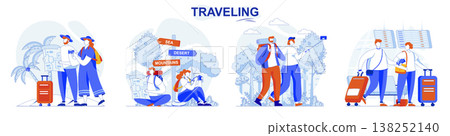 Travelling concept set. Travelers fly on vacation, tourists take trip, journey. People isolated scenes in flat design. Vector illustration for blogging, website, mobile app, promotional materials. 138252140