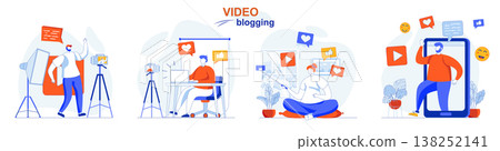 Video blogging concept set. Bloggers recording videos, create digital content. People isolated scenes in flat design. Vector illustration for blogging, website, mobile app, promotional materials. Video blogging concept set. Bloggers recording videos, create digital content. People isolated scenes in flat design. Vector illustration for blogging, website, mobile app, promotional materials. 138252141