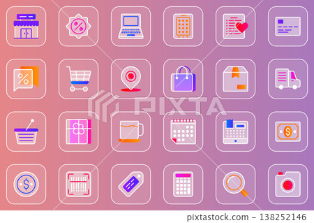 Shopping web glassmorphic icons set. Pack outline pictograms of making purchases at shop, wish list, payment with credit card, package, deliver order, gifts for customer. Vector line glass symbols 138252146
