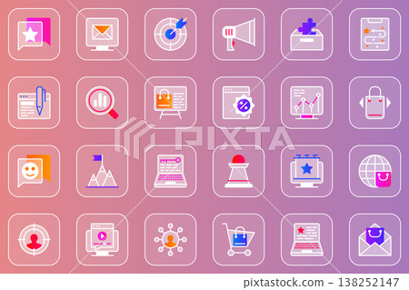 Digital marketing web glassmorphic icons set. Pack outline pictograms of email newsletter, targeting, megaphone , successful strategy, data analysis, customer buys and other. Vector line glass symbols 138252147