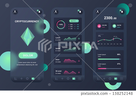 Cryptocurrency neumorphic elements kit for mobile app. Online banking, trading tools, data graph, growth or decline. UI, UX, GUI screens set. Vector illustration of templates in glassmorphic design Cryptocurrency neumorphic elements kit for mobile app. Online banking, trading tools, data graph, growth or decline. UI, UX, GUI screens set. Vector illustration of templates in glassmorphic design 138252148
