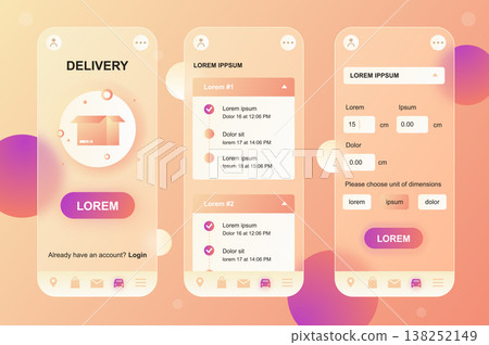 Delivery service neumorphic elements kit for mobile app. Registration parcels, tracking order, shipping, logistics. UI, UX, GUI screens set. Vector illustration of templates in glassmorphic design 138252149