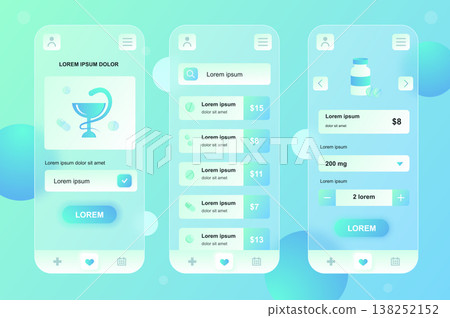 Medical services neumorphic elements kit for mobile app. Online pharmacy, list of medicines with prices, payment. UI, UX, GUI screens set. Vector illustration of templates in glassmorphic design 138252152