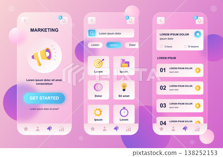 Marketing neumorphic elements kit for mobile app. Professional marketing tools, newsletter, targeting, data analysis. UI, UX, GUI screens set. Vector illustration of templates in glassmorphic design 138252153