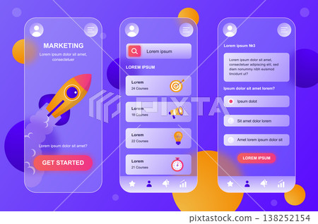 Marketing neumorphic elements kit for mobile app. Professional courses, targeting, attract clients, business promotion. UI, UX, GUI screens set. Vector illustration of templates in glassmorphic design Marketing neumorphic elements kit for mobile app. Professional courses, targeting, attract clients, business promotion. UI, UX, GUI screens set. Vector illustration of templates in glassmorphic design 138252154