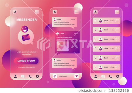 Messenger neumorphic elements kit for mobile app. Online communication, chatting, incoming and outgoing calls list. UI, UX, GUI screens set. Vector illustration of templates in glassmorphic design Messenger neumorphic elements kit for mobile app. Online communication, chatting, incoming and outgoing calls list. UI, UX, GUI screens set. Vector illustration of templates in glassmorphic design 138252156