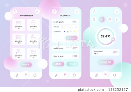 Smart home neumorphic elements kit for mobile app. Remote temperature control, light sensor settings, automation. UI, UX, GUI screens set. Vector illustration of templates in glassmorphic design 138252157
