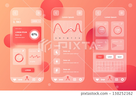 Health Tracking neumorphic elements kit for mobile app. Indicators of pulse, calories, sports activity, personal data. UI, UX, GUI screens set. Vector illustration of templates in glassmorphic design 138252162
