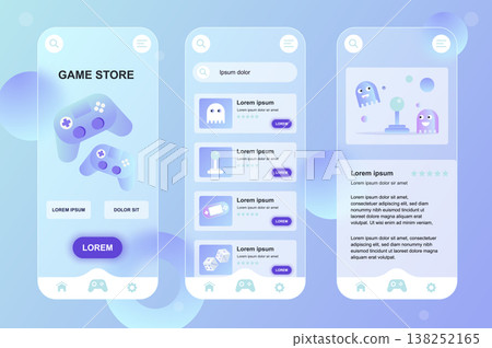 Game store neumorphic elements kit for mobile app. Computer video game list, rating, joysticks, gaming industry. UI, UX, GUI screens set. Vector illustration of templates in glassmorphic design Game store neumorphic elements kit for mobile app. Computer video game list, rating, joysticks, gaming industry. UI, UX, GUI screens set. Vector illustration of templates in glassmorphic design 138252165
