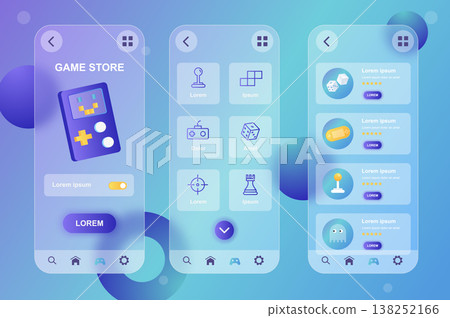 Game store neumorphic elements kit for mobile app. Computer video games, shopping platform, gamepad, gaming industry. UI, UX, GUI screens set. Vector illustration of templates in glassmorphic design Game store neumorphic elements kit for mobile app. Computer video games, shopping platform, gamepad, gaming industry. UI, UX, GUI screens set. Vector illustration of templates in glassmorphic design 138252166