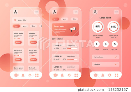 Online learning neumorphic elements kit for mobile app. Courses list, lessons rating, study progress, online education. UI, UX, GUI screens set. Vector illustration of templates in glassmorphic design 138252167