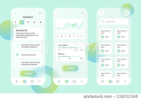Online learning neumorphic elements kit for mobile app. Online exam form, study progress graph, course list, education. UI, UX, GUI screens set. Vector illustration of templates in glassmorphic design Online learning neumorphic elements kit for mobile app. Online exam form, study progress graph, course list, education. UI, UX, GUI screens set. Vector illustration of templates in glassmorphic design 138252168