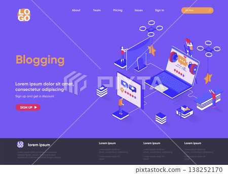 Blogging isometric landing page. Social content production, network communication, internet posting and messaging isometry web page. Website flat template, vector illustration with people characters. Blogging isometric landing page. Social content production, network communication, internet posting and messaging isometry web page. Website flat template, vector illustration with people characters. 138252170