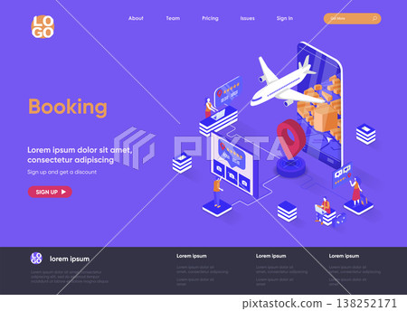 Booking isometric landing page. Travel application for ticket orders, hotel search, review and reservation isometry web page. Flight booking flat website. Vector illustration with people characters. Booking isometric landing page. Travel application for ticket orders, hotel search, review and reservation isometry web page. Flight booking flat website. Vector illustration with people characters. 138252171