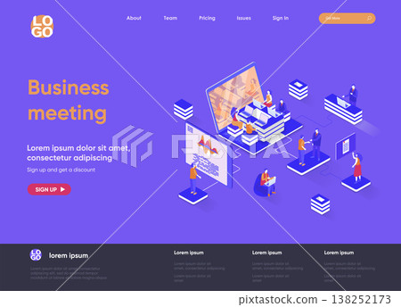 Business meeting isometric landing page. Partnership and teamwork collaboration, online meeting and conversation isometry web page. Website flat template, vector illustration with people characters. Business meeting isometric landing page. Partnership and teamwork collaboration, online meeting and conversation isometry web page. Website flat template, vector illustration with people characters. 138252173