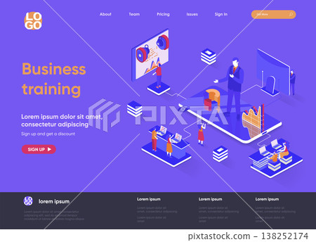 Business training isometric landing page. Business education, career development course, motivation and mentoring isometry web page. Website flat template, vector illustration with people characters. 138252174