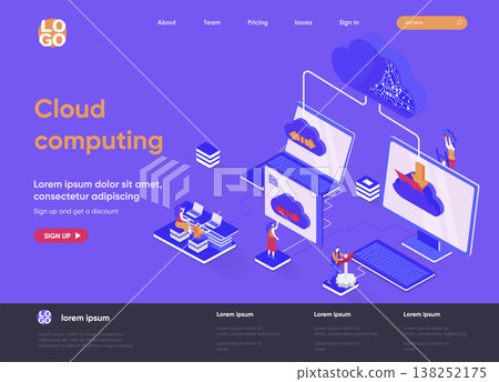 Cloud computing isometric landing page. Hosting platform, big data processing, cloud database administration isometry web page. Website flat template, vector illustration with people characters. Cloud computing isometric landing page. Hosting platform, big data processing, cloud database administration isometry web page. Website flat template, vector illustration with people characters. 138252175