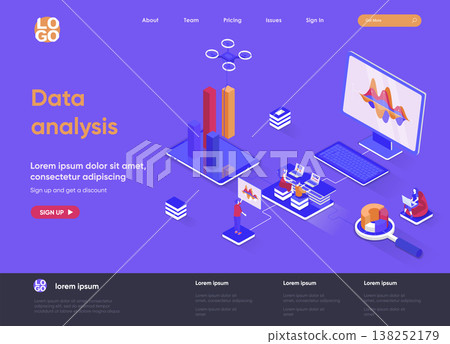 Data analysis isometric landing page. Financial data analysis, management and optimization, database structuring isometry web page. Website flat template, vector illustration with people characters. Data analysis isometric landing page. Financial data analysis, management and optimization, database structuring isometry web page. Website flat template, vector illustration with people characters. 138252179