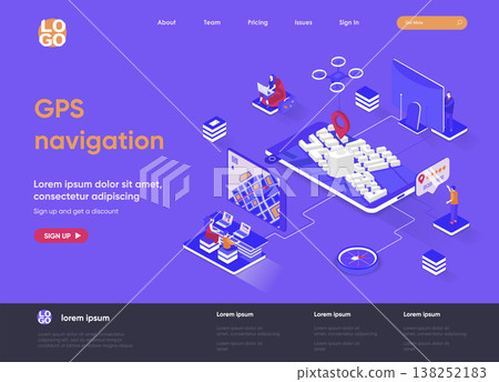 GPS navigation isometric landing page. Geolocation and navigation system, world orientation, route and direction isometry web page. Website flat template, vector illustration with people characters. GPS navigation isometric landing page. Geolocation and navigation system, world orientation, route and direction isometry web page. Website flat template, vector illustration with people characters. 138252183