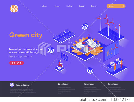 Green city isometric landing page. Ecology conservation and safety, renewable resources end green energy technology isometry web page. Website flat template, vector illustration with people characters Green city isometric landing page. Ecology conservation and safety, renewable resources end green energy technology isometry web page. Website flat template, vector illustration with people characters 138252184