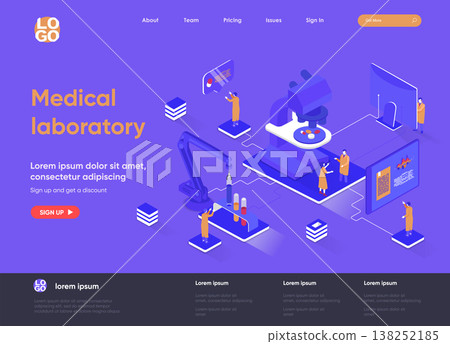 Medical laboratory isometric landing page. Pharmacy development, biotechnology industry, patient testing and diagnosis isometry web page. Website flat vector illustration with people characters. Medical laboratory isometric landing page. Pharmacy development, biotechnology industry, patient testing and diagnosis isometry web page. Website flat vector illustration with people characters. 138252185