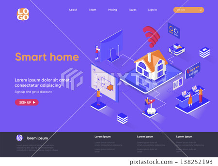 Smart home isometric landing page. Online home control, monitoring and management, house system automatization isometry web page. Website flat template, vector illustration with people characters. Smart home isometric landing page. Online home control, monitoring and management, house system automatization isometry web page. Website flat template, vector illustration with people characters. 138252193
