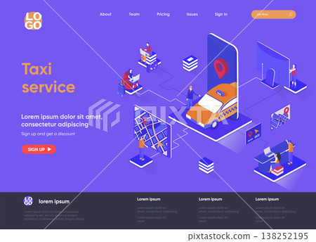 Taxi service isometric landing page. Web application for online taxi order, booking service, passenger transportation isometry web page. Website template, vector illustration with people characters. 138252195