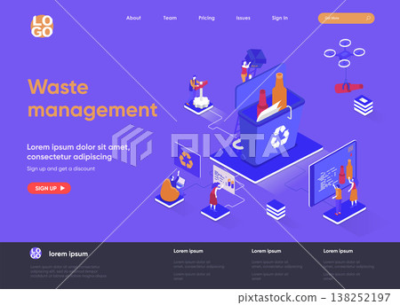 Waste management isometric landing page. Control and management of garbage utilization, waste collection and sorting isometry web page. Website flat vector illustration with people characters. 138252197