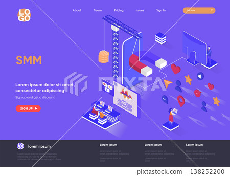 SMM isometric landing page. Digital marketing campaign, announcement and promotion isometry web page. Attraction of new clients website flat template. Vector illustration with people characters. 138252200