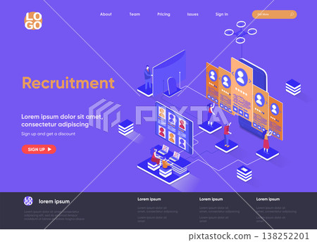 Recruitment isometric landing page. Human resource management and staff headhunting isometry web page. Website flat template. Studying resumes of candidates vector illustration with people characters. 138252201