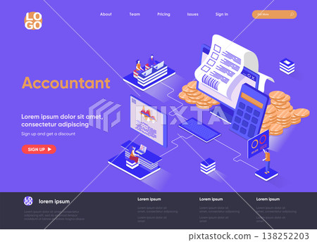 Accountant isometric landing page. Business accounting and financial statements, payment balance and taxes isometry web page. Website flat template, vector illustration with people characters. 138252203