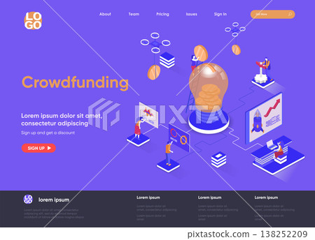 Crowdfunding isometric landing page. Investment into idea or business startup isometry web page. Crowdfunding platform for money donation website template. Vector illustration with people characters. 138252209