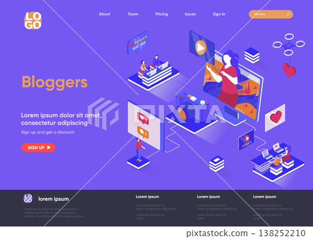 Bloggers isometric landing page. Video content production for social media, article posting and online streaming isometry web page. Website flat template, vector illustration with people characters. Bloggers isometric landing page. Video content production for social media, article posting and online streaming isometry web page. Website flat template, vector illustration with people characters. 138252210