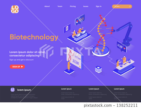 Biotechnology isometric landing page. DNA sequence cloning and recombination isometry web page. Genetic engineering template, science research laboratory vector illustration with people characters. 138252211