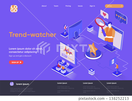 Trend-watcher isometric landing page. Professional trend watching occupation, marketing research and analyse isometry web page. Website flat template, vector illustration with people characters. Trend-watcher isometric landing page. Professional trend watching occupation, marketing research and analyse isometry web page. Website flat template, vector illustration with people characters. 138252213