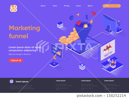 Marketing funnel isometric landing page. Marketing research and strategy planning, attraction of new customers isometry web page. Website flat template, vector illustration with people characters. 138252214
