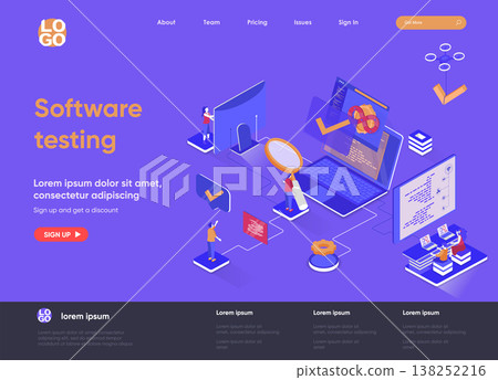 Software testing isometric landing page. Software testing and quality assurance, search of bugs and analysis process isometry web page. Website template, vector illustration with people characters. Software testing isometric landing page. Software testing and quality assurance, search of bugs and analysis process isometry web page. Website template, vector illustration with people characters. 138252216
