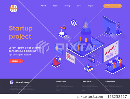 Startup project isometric landing page. Team of startup founders launching new project isometry web page. Innovation solution development website template, vector illustration with people characters. Startup project isometric landing page. Team of startup founders launching new project isometry web page. Innovation solution development website template, vector illustration with people characters. 138252217