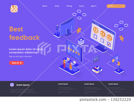 Best feedback isometric landing page. Online customers opinion, rating and review isometry concept. Social media marketing, feedback comment flat web page. Vector illustration with people characters. Best feedback isometric landing page. Online customers opinion, rating and review isometry concept. Social media marketing, feedback comment flat web page. Vector illustration with people characters. 138252220