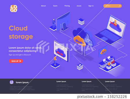 Cloud storage isometric landing page. Internet hosting provider, data storage service isometry concept. Secure cloud storage, database system flat web page. Vector illustration with people characters. 138252226