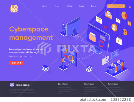 Cyberspace management isometric landing page. Digital security and network management software isometry concept. Operate and control system flat web page. Vector illustration with people characters. Cyberspace management isometric landing page. Digital security and network management software isometry concept. Operate and control system flat web page. Vector illustration with people characters. 138252228