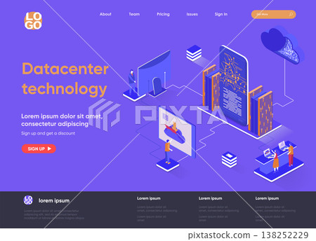 Data center technology isometric landing page. Internet hosting service isometry concept. Data center computing and networking equipment flat web page. Vector illustration with people characters. Data center technology isometric landing page. Internet hosting service isometry concept. Data center computing and networking equipment flat web page. Vector illustration with people characters. 138252229