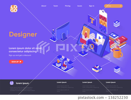 Designer isometric landing page. Website development, UI UX design isometry concept. Professional branding, creativity and ideas visualization flat web page. Vector illustration with people characters 138252230