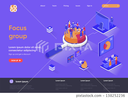Focus group isometric landing page. Market research method isometry concept. Collective discussion and feedback, focused interview of consumers web page. Vector illustration with people characters. Focus group isometric landing page. Market research method isometry concept. Collective discussion and feedback, focused interview of consumers web page. Vector illustration with people characters. 138252236