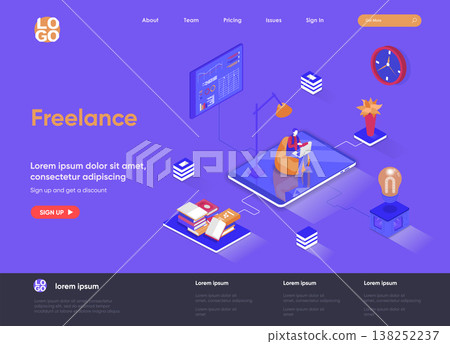 Freelance isometric landing page. Outsourcing services, home office isometry concept. Professional self employed occupation, remote workforce flat web page. Vector illustration with people characters. Freelance isometric landing page. Outsourcing services, home office isometry concept. Professional self employed occupation, remote workforce flat web page. Vector illustration with people characters. 138252237
